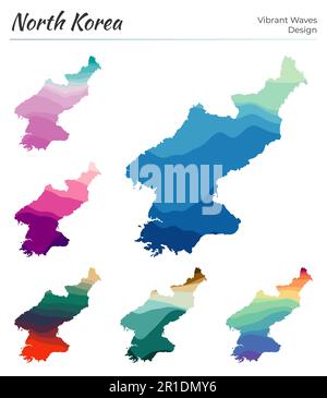 Ensemble de cartes vectorielles de Corée du Nord. Motif vagues éclatantes. Carte lumineuse du pays dans le style des courbes lisses géométriques. Illustration de Vecteur