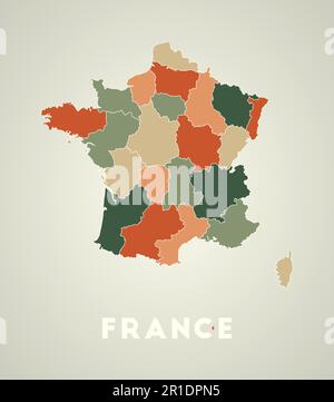 Affiche française de style rétro. Carte du pays avec les régions dans la palette de couleurs d'automne. Forme de France avec nom de pays. Illustration vectorielle puissante Illustration de Vecteur