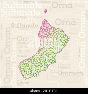 Conception de carte Oman. Noms de pays dans différentes langues et forme de carte avec des triangles poly géométriques bas. Illustration vectorielle cool d'Oman. Illustration de Vecteur