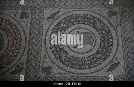 Mosaïque de motif animal romain au sol de la cour de Peristyle à la Villa Romana del Casale, Piazza Armerina Sicile, Italie. Banque D'Images