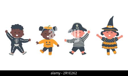 Fête d'Halloween pour enfants. Groupe multiculturel d'enfants en costumes d'halloween. Sorcière, pirate, citrouille et squelette dans l'image. Illustration vectorielle Illustration de Vecteur