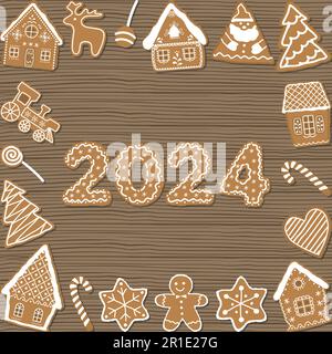 Biscuits de Noël sur fond de bois. Arrière-plan de vacances. Maisons de pain d'épice, Santa Claus, cerf, sapins, homme de pain d'épice, train, étoiles, coeur et Illustration de Vecteur