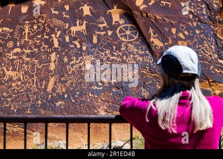 Journal d'études de tourisme féminin senior Rock Archaeological site; Parc national de Canyonlands; Utah; États-Unis Banque D'Images