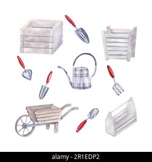 Illustration aquarelle d'outils de jardin-arrosoir, pots en bois de fleur, brouette, boîte à outils, truelles à main, fourche - isolée sur fond blanc Banque D'Images