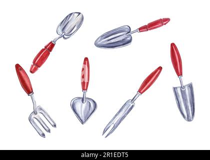 Outils de jardin aquarelle isolés sur fond blanc. Illustration de truelles à main en acier, fourchette avec poignées rouges pour la floraison et le jardinage. Banque D'Images