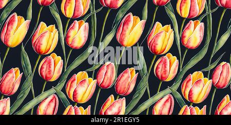 Tulipe aquarelle illustration rouge jaune tulipes fleur motif sans couture Banque D'Images