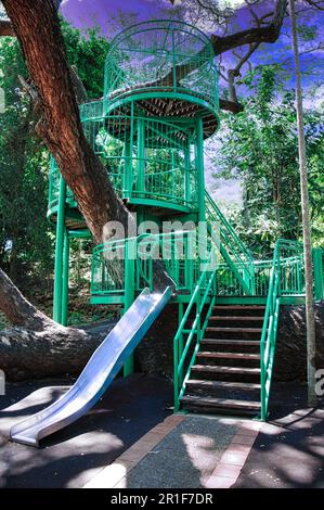 terrain de jeu de plusieurs niveaux de couleur verte construit autour des arbres existants Banque D'Images