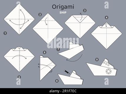 Tutoriel Origami pour les enfants. Origami joli bateau. Illustration de Vecteur