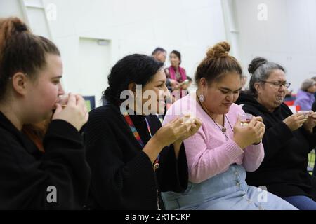 (230514) -- CHRISTCHURCH, 14 mai 2023 (Xinhua) -- les gens goûtent le thé chinois lors de l'événement culturel Tea and the World dans une bibliothèque communautaire à Christchurch, île du Sud de la Nouvelle-Zélande, 12 mai 2023. Un groupe d'artistes chinois a organisé une exposition délicate de la culture du thé avec la représentation de Guqin et Dunhuang danse dans la ville natale de REWI Alley, qui a ouvert la porte à des liens amicaux entre la Nouvelle-Zélande et la Chine. L'événement, baptisé Tea and the World, a eu lieu vendredi dans une bibliothèque communautaire à Christchurch, dans l'île du Sud de la Nouvelle-Zélande, et samedi à l'école chinoise REWI Alley, dans le but d'améliorer la culture Banque D'Images