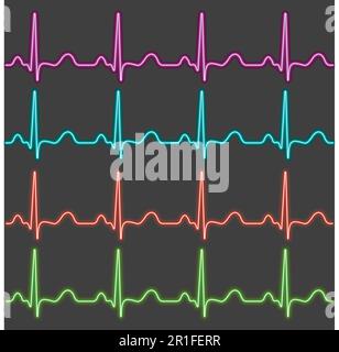 Jeu de cardiogrammes ECG Neon, pouls lumineux, rythme de la musique de fête, effet néon de battement de coeur de ligne vectoriel Illustration de Vecteur