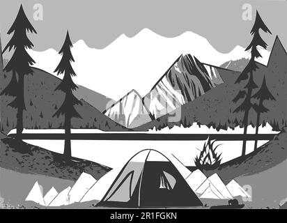 Arrière-plan vectoriel d'activité extérieure. Tente et feu de camp dans les montagnes. Illustration de Vecteur