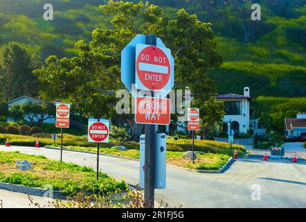 Un groupe de panneaux de signalisation annoncent avec force NE PAS ENTRER et MAUVAIS CHEMIN sur une route de banlieue herbeuse, transmettant le concept de la direction dans la mauvaise direction. Correction de cap requise. Photo de haute qualité Banque D'Images