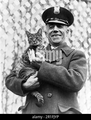 Photo d'archives : la photographie montre Benjamin Fink, portrait mi-longueur, debout, face à l'avant, tenant le tigre, Appelé « Tige », le chat de la Maison Blanche ca. 1924 Banque D'Images