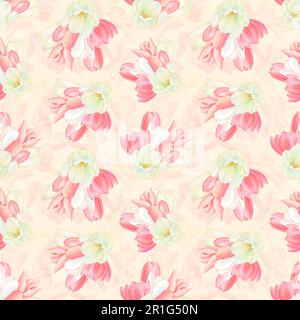 Aquarelle dessin de beaux ensembles de fleurs de tulipes blanches et roses sur fond beige. Fleurs de luxe dessinées à la main. Haute qualité Banque D'Images