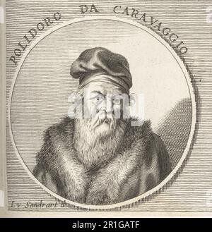 Polidoro Caldara, peintre italien de la période manineriste, vers 1499-1543. Sans doute le plus doué des élèves de Raphaël. Mieux connu pour ses peintures aujourd'hui disparues sur les façades de maisons romaines. Polidoro da Caravaggio. Gravure sur plaque de copperplate par Philipp Kilian d'après une illustration de Joachim von Sandrart de son Academia Todesca, della Architectura, Scucultura & Pittura, oder Teutsche Academie, der Edlen Bau- Bild- und Mahlerey-Kunste, Académie allemande d'architecture, Sculpture and Painting, Jacob von Sandrart, Nuremberg, 1675. Banque D'Images