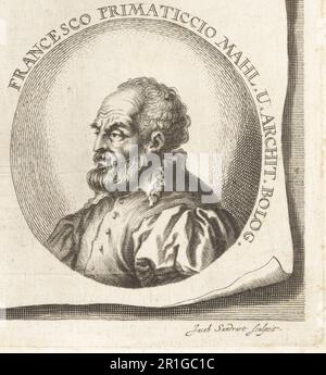 Francesco Primaticcio, peintre manneriste italien, architecte et sculpteur de Bologne, qui a passé la majeure partie de sa carrière en France, 1504-1570. Francesco Primaticcio Mahl U Archit. Bolog. Gravure sur plaque de coperplate par Jacob von Sandrart d'après une illustration de Joachim von Sandrart de son Académie Todesca, della Architectura, Scucultura & Pittura, oder Teutsche Academie, der Edlen Bau- Bild- und Mahlerey-Kunste, Académie allemande d'architecture, Sculpture and Painting, Jacob von Sandrart, Nuremberg, 1675. Banque D'Images