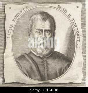 Tintoretto, né Jacopo Robusti, peintre italien de l'école vénitienne, 1518-1594. Jacob Robusti déto il Tinctoret. Gravure sur plaque après une illustration de Joachim von Sandrat de son Academia Todesca, della Architectura, Scucultura & Pittura, oder Teutsche Academie, der Edlen Bau- Bild- und Mahlerey-Kunste, Académie allemande d’architecture, de sculpture et de peinture, Jacob von Sandrart, Nuremberg, 1675. Banque D'Images