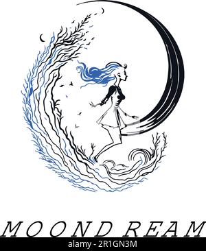 Ce modèle de logo présente une belle et fantaisiste conception d'une fille assise sur la lune. Il s'agit d'une conception polyvalente qui peut être utilisée pour une variété Illustration de Vecteur