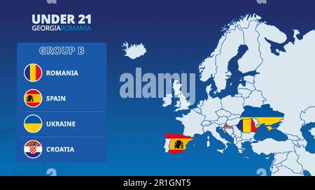 Carte d'Europe avec cartes marquées des pays participant au groupe B du tournoi européen de football des moins de 21 ans 2023. Drapeau icône du groupe B. Illustration de Vecteur