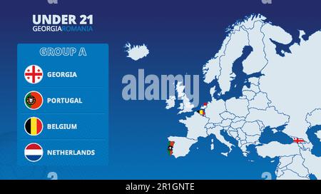 Carte d'Europe avec cartes marquées des pays participant au groupe A du tournoi européen de football des moins de 21 ans 2023. Drapeau icône du groupe A. Illustration de Vecteur