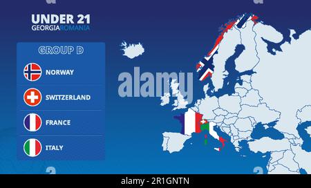 Carte d'Europe avec cartes marquées des pays participant au groupe D du tournoi européen de football des moins de 21 ans 2023. Drapeau icône du groupe D. Illustration de Vecteur