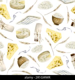 Produits laitiers aquarelle motif sans couture avec fromages, camembert, lait, torchon, fromage cottage et blé sur blanc Banque D'Images