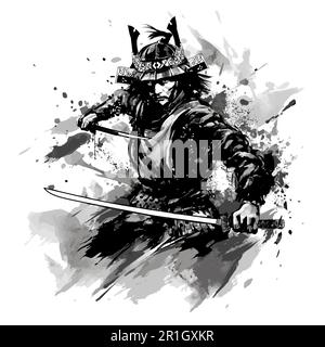Samouraï japonais combat avec l'épée - illustration vectorielle - signification des caractères japonais noirs : GUERRE, VICTOIRE - signification des caractères dans Illustration de Vecteur