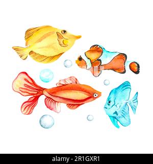 Ensemble de monde de mer peint en aquarelle isolé blanc fond dessiné à la main parfait pour la conception de cartes, invitation, scrapbooking, impression de tissu Banque D'Images