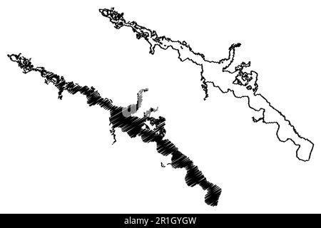 Réservoir Kamianske (Ukraine, Dniepr) carte illustration vectorielle, scribble esquisse carte vodoskhovyshche Kamians'ke Illustration de Vecteur