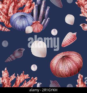 Motif aquarelle sans coutures avec coraux, oursins, coquillages et perles. Peinture à la main des objets de vie sous-marins de clipart sur un fond blanc isolé. Pour Banque D'Images