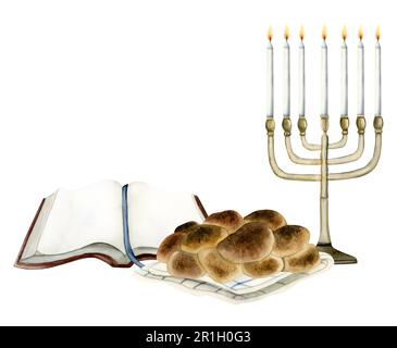 Shabbat Shalom modèle de salutation aquarelle illustration pour la veille juive de samedi avec challah, menorah a ouvert le livre de Torah Banque D'Images