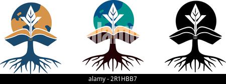logo arbre racines croissance livre et plante sur le fond du vecteur de la planète Illustration de Vecteur