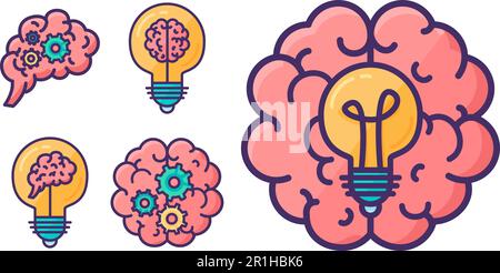 Ensemble d'hémisphères du cerveau humain avec convolutions à l'intérieur d'une lampe à incandescence électrique. Métaphore du brainstorming, idée soudaine et processus de pensée. Illustration de Vecteur