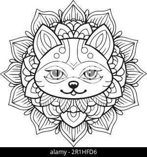 Une tête de chat avec un motif de tournesol coloriage page pour adultes. Illustration de Vecteur