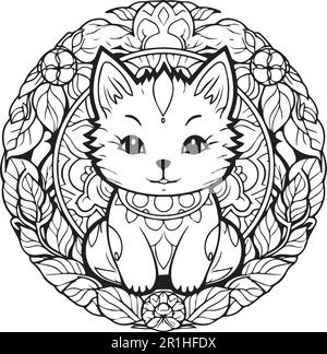 Dessin noir et blanc d'un chat avec un motif floral sur la page de coloriage avant pour adultes. Illustration de Vecteur