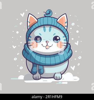 Chat dessin animé avec un chapeau bleu en hiver. Illustration de Vecteur