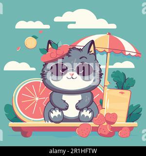 Un chat de dessin animé avec des lunettes de soleil se trouve sur un banc sous un parapluie. Été joli motif chat à motif vectoriel plat. Illustration de Vecteur