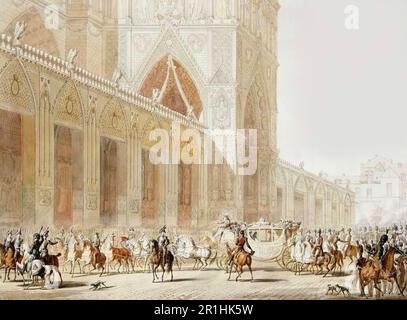 'L'arrière en caleche de l'empereur Napoléon Ier (1769-1821) et de l'imperatrice Josephine de Beauharnais (1763-1814) a la cathédrale notre Dame de Paris le jour du sacré - gravure d'apres Jean Baptiste Isabey (1767-1855) 19eme siecle - arrivée à la cathédrale notre-Dame, Paris de l'empereur Napoléon Ier et de l'impératrice Josephine pour leur couronnement le 2 décembre 1804 Banque D'Images