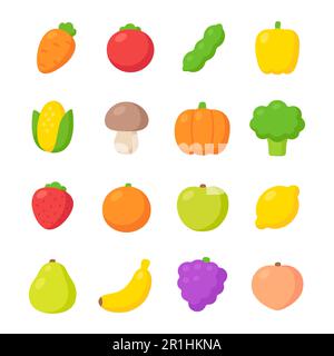 Caricature icônes de fruits et légumes dessinées à la main. Jolis motifs simples et colorés, ensemble d'illustrations vectorielles. Style plat sans ligne. Illustration de Vecteur