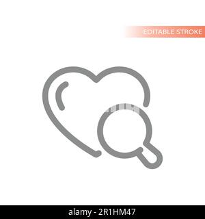 Icône de vecteur de ligne en forme de coeur et de loupe. Symbole de l'application de datation et de la recherche d'amour. Illustration de Vecteur