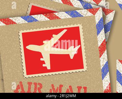 Un timbre-poste de maquette d'avion d'époque avec un avion dans la conception est vu dans une illustration de 3-d. Banque D'Images