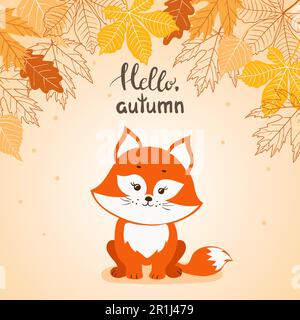 Carte Hello Autumn avec joli petit renard. Illustration vectorielle. Illustration de Vecteur