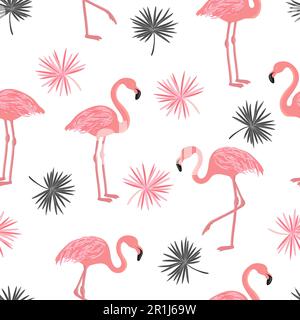 Motif sans couture avec flamants roses et feuilles de palmier. Fond tropical vectoriel. Illustration de Vecteur