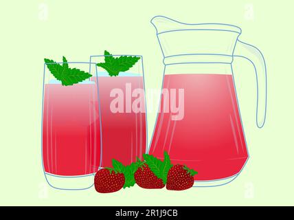 kompote fraise en verres et en carafe. Un verre de thé de fraise. Compote de fraises. Illustration vectorielle isolée sur fond blanc Illustration de Vecteur