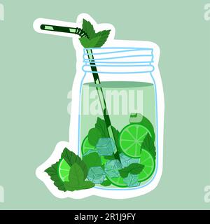 faire confendre la limonade au basilic et à la menthe, dans une bouteille en verre et un pot. Concept d'eau infusée et de boisson rafraîchissante. Illustration vectorielle isolée. Illustration de Vecteur