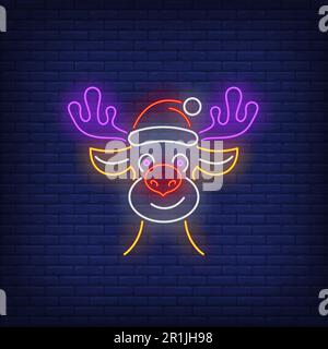 Renne portant l'enseigne néon chapeau Père Noël Illustration de Vecteur