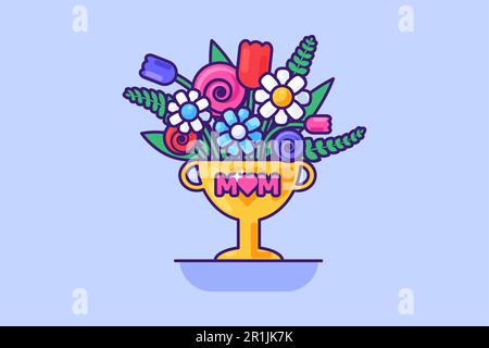 Coupe d'or pour la meilleure mère remplie de fleurs sauvages parfumées et de bonbons. Prix de fleur pour la meilleure maman du monde. Illustration de fête de la fête des mères Illustration de Vecteur