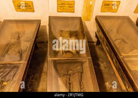 BRNO, TCHÉQUIE - 6 SEPTEMBRE 2021: Momies dans la crypte des Capucins à Brno, République Tchèque Banque D'Images