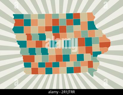 Carte de l'Iowa. Affiche avec carte de l'état américain dans la palette de couleurs rétro. Forme de l'Iowa avec fond de rayons de soleil. Illustration vectorielle. Illustration de Vecteur