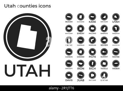 Icônes des comtés de l'Utah. Logos ronds noirs avec cartes et titres des États-Unis. Illustration vectorielle. Illustration de Vecteur